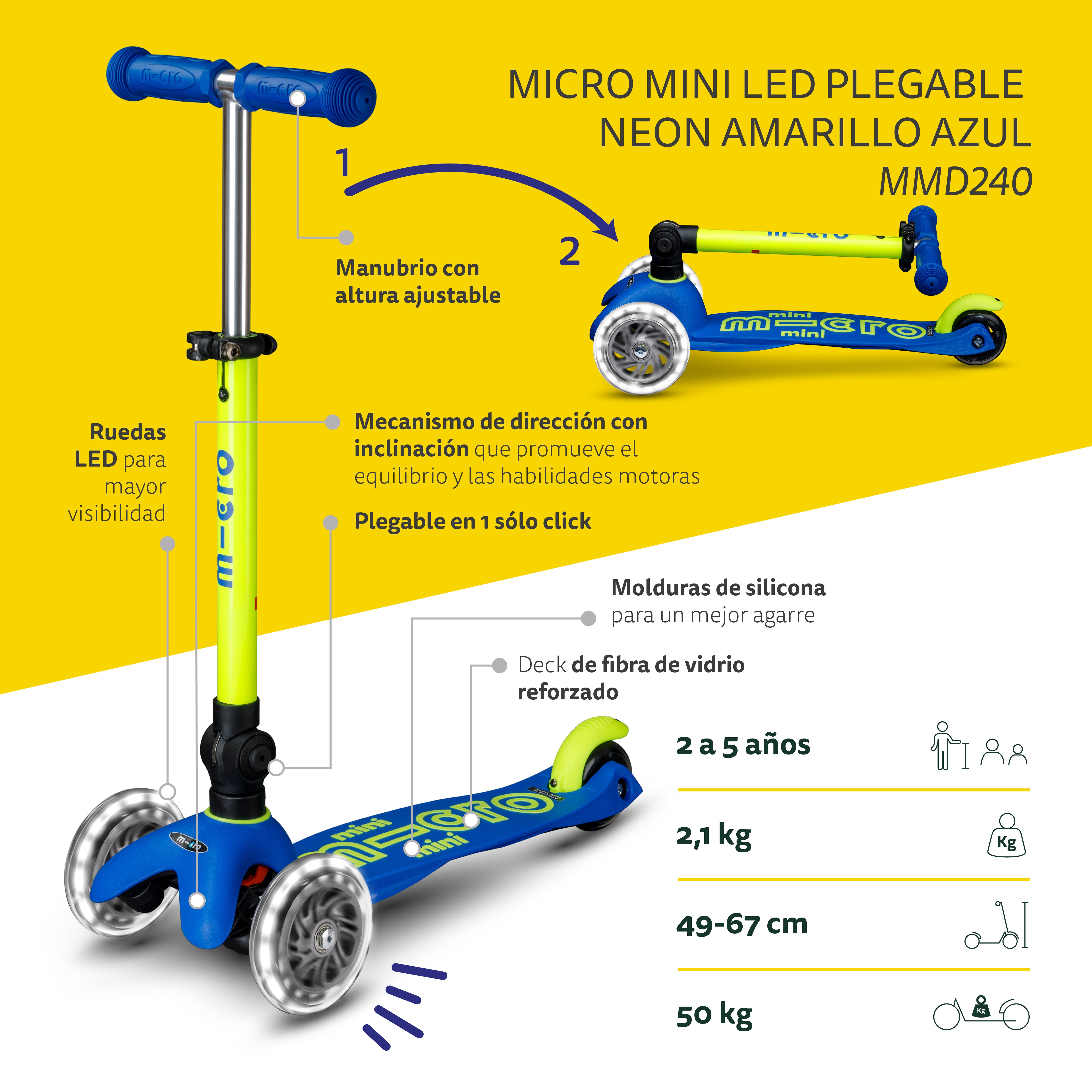 PREVENTA Micro Scooter niños Mini Led Plegable 3 ruedas Neón Amarillo Azul