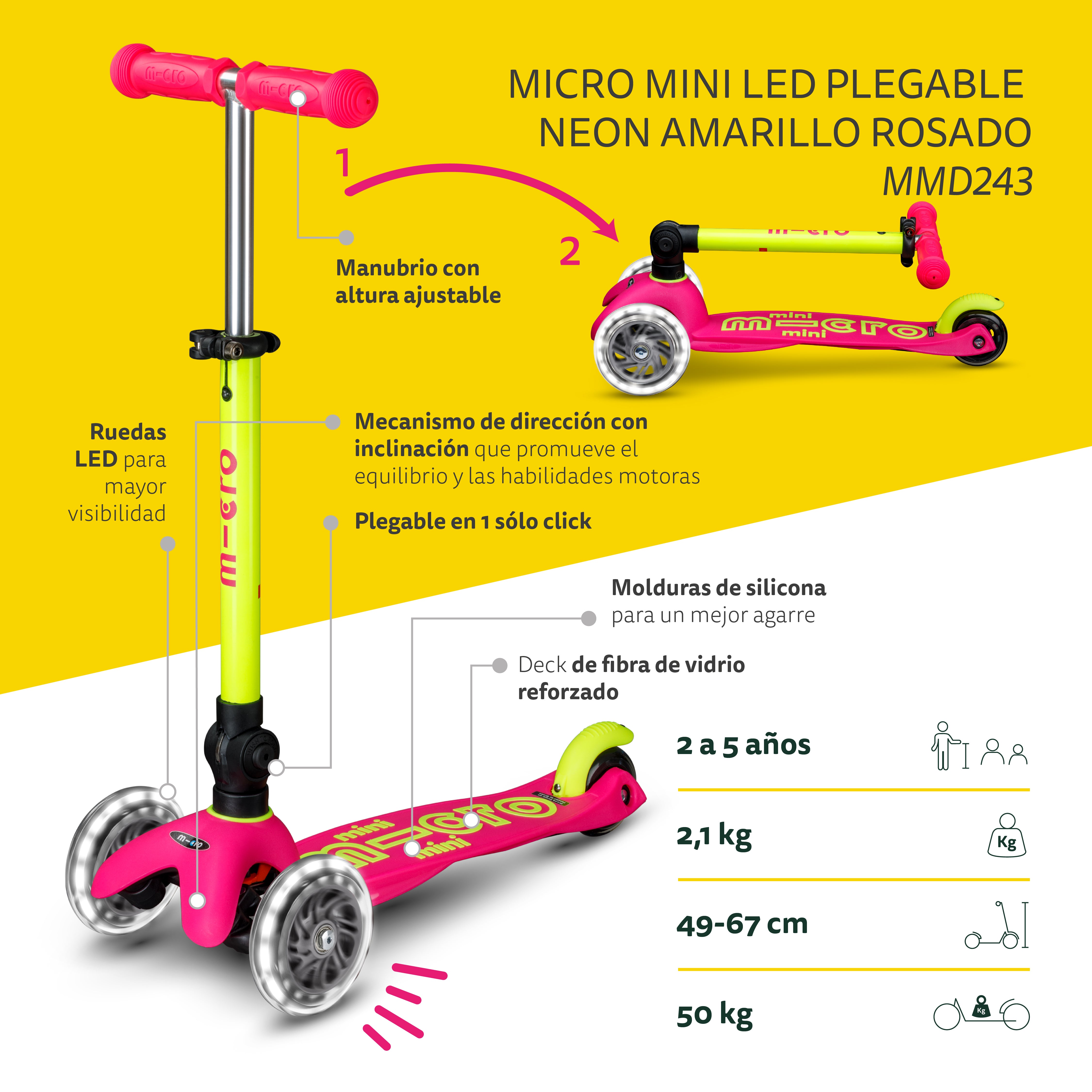 PREVENTA Micro Scooter niños Mini Led Plegable 3 ruedas Neón Amarillo Rosado