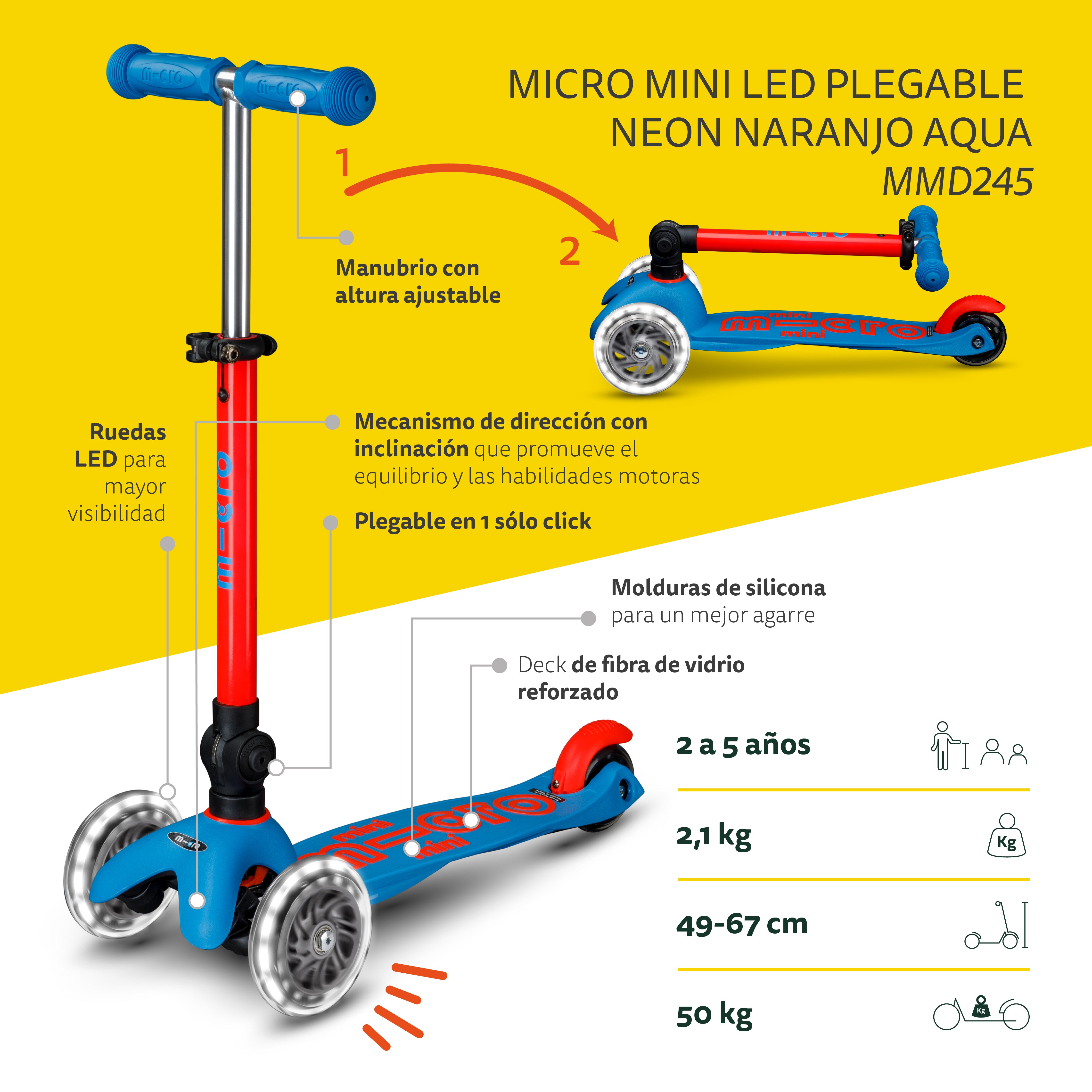 PREVENTA Micro Scooter niños Mini Led Plegable 3 ruedas Neón Naranjo Aqua