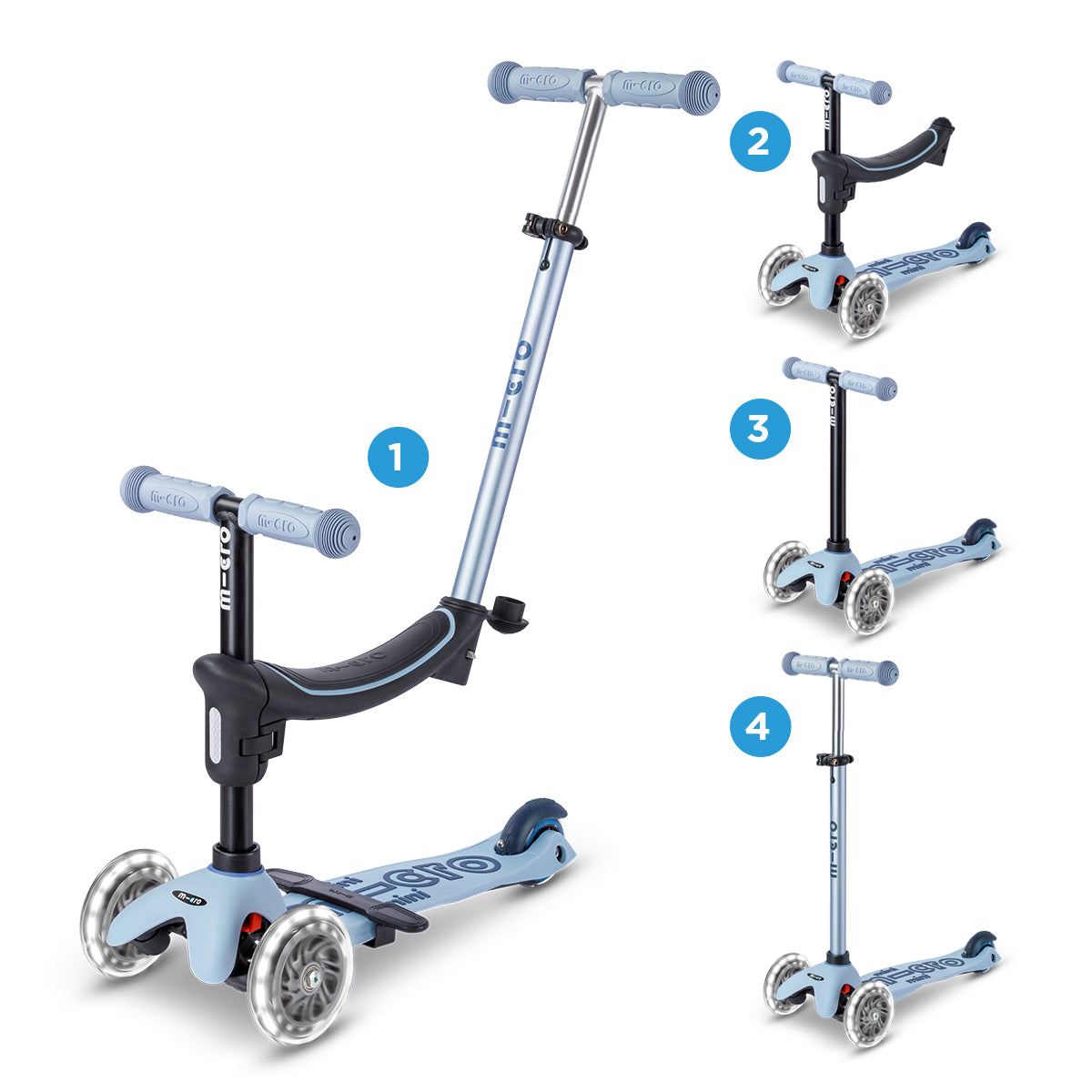 Micro Scooter niños Mini 4 Etapas Led 3 ruedas Celeste