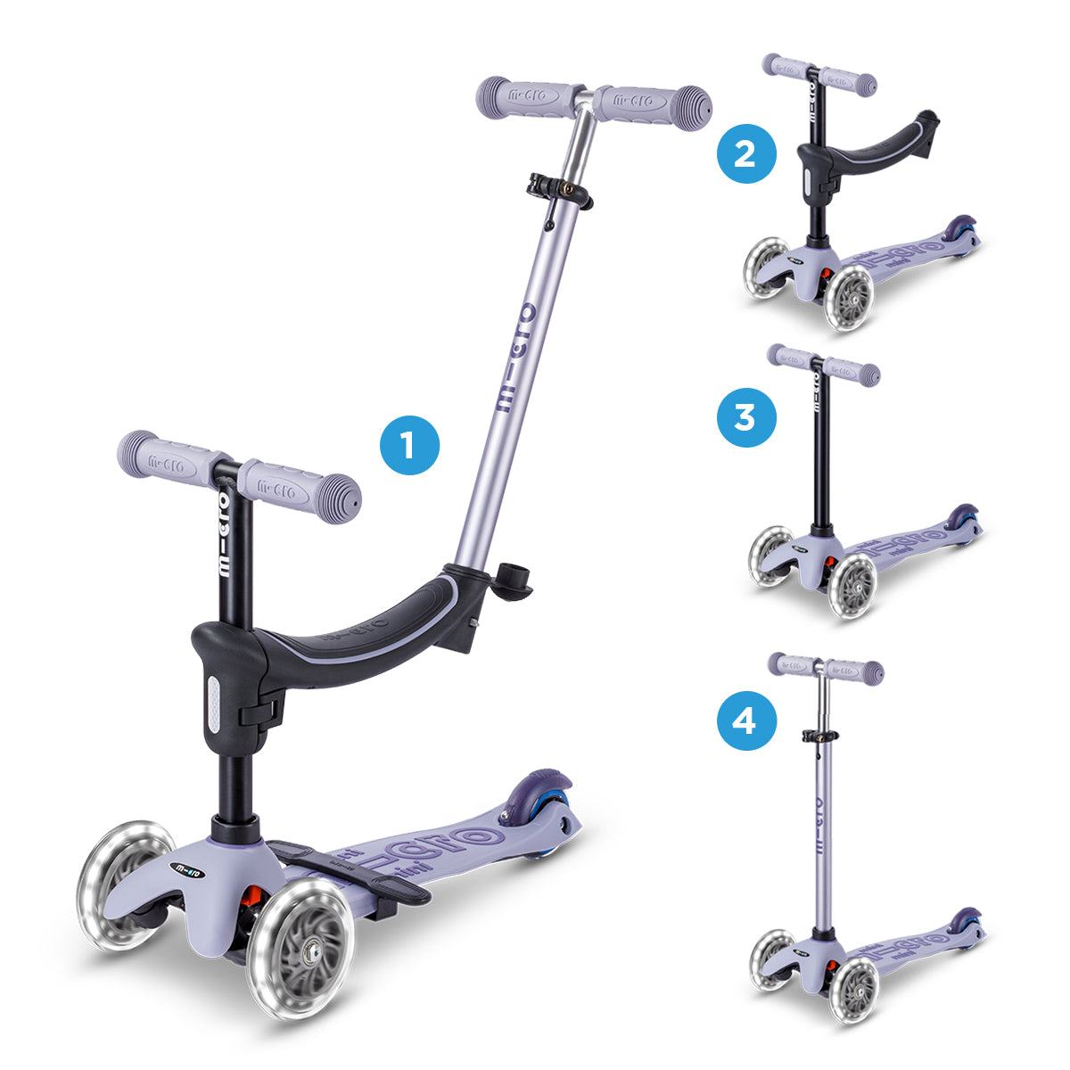 Micro Scooter niños Mini 4 Etapas Led 3 ruedas Lavanda