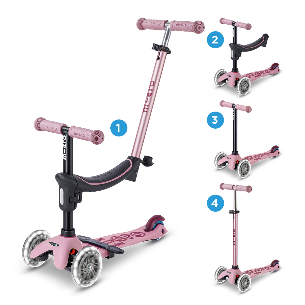 Micro Scooter niños Mini 4 Etapas Led 3 ruedas Rosa