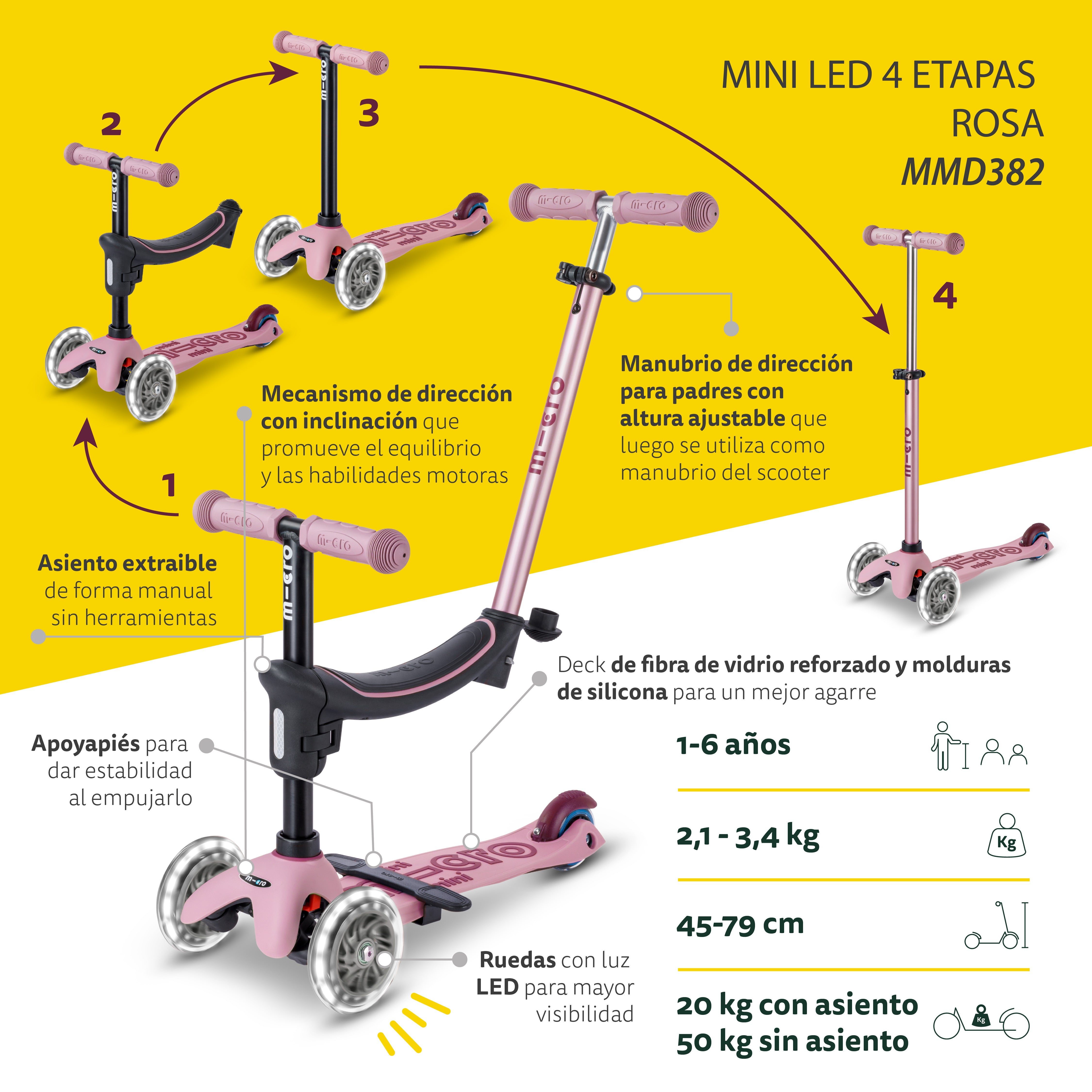 Micro Scooter niños Mini 4 Etapas Led 3 ruedas Rosa