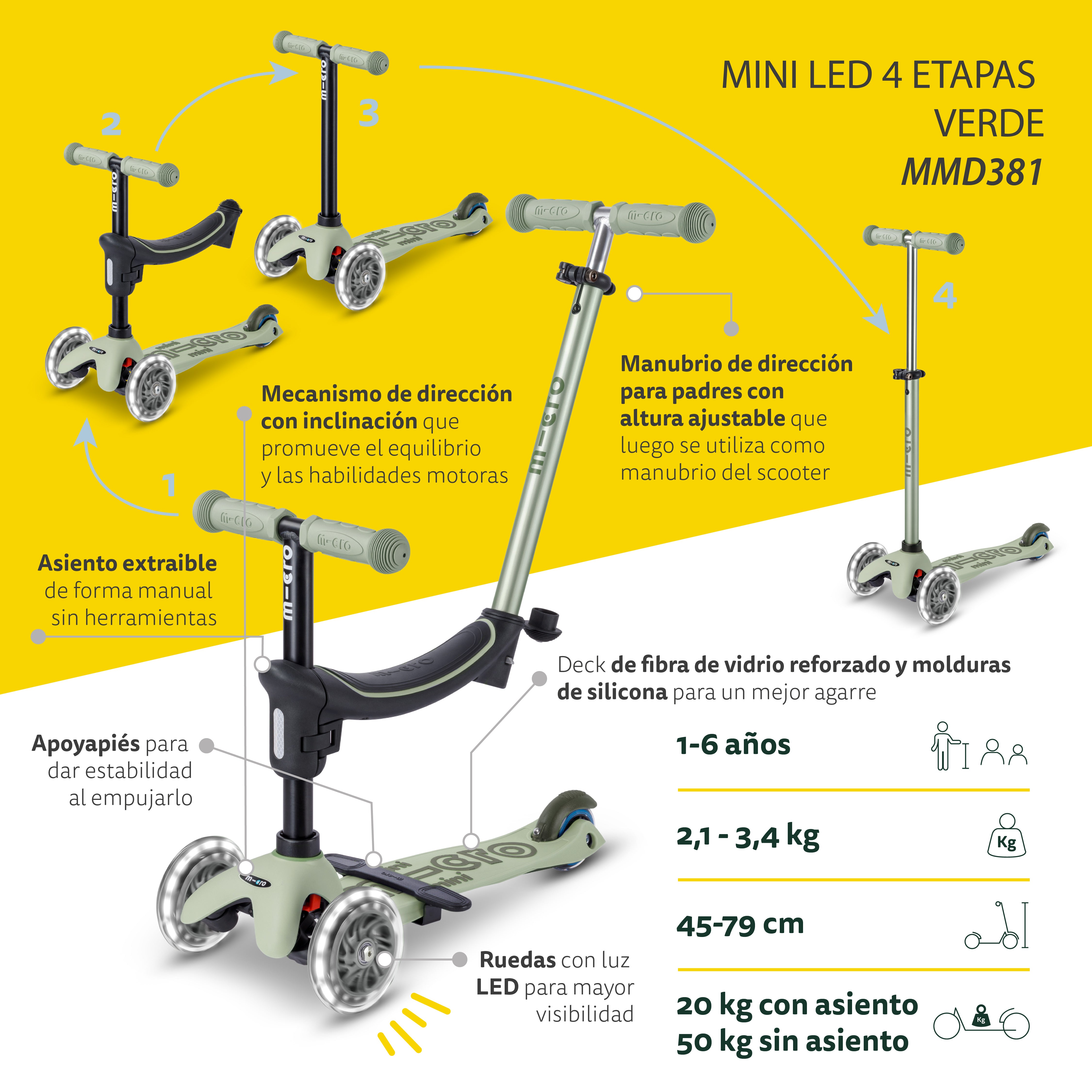 Micro Scooter niños Mini 4 Etapas Led 3 ruedas Verde
