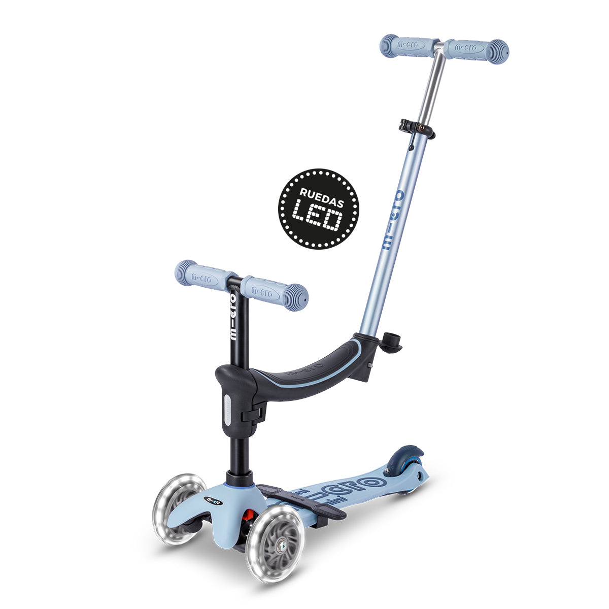 Micro Scooter niños Mini Balancín 6 Etapas Led 3 ruedas Celeste