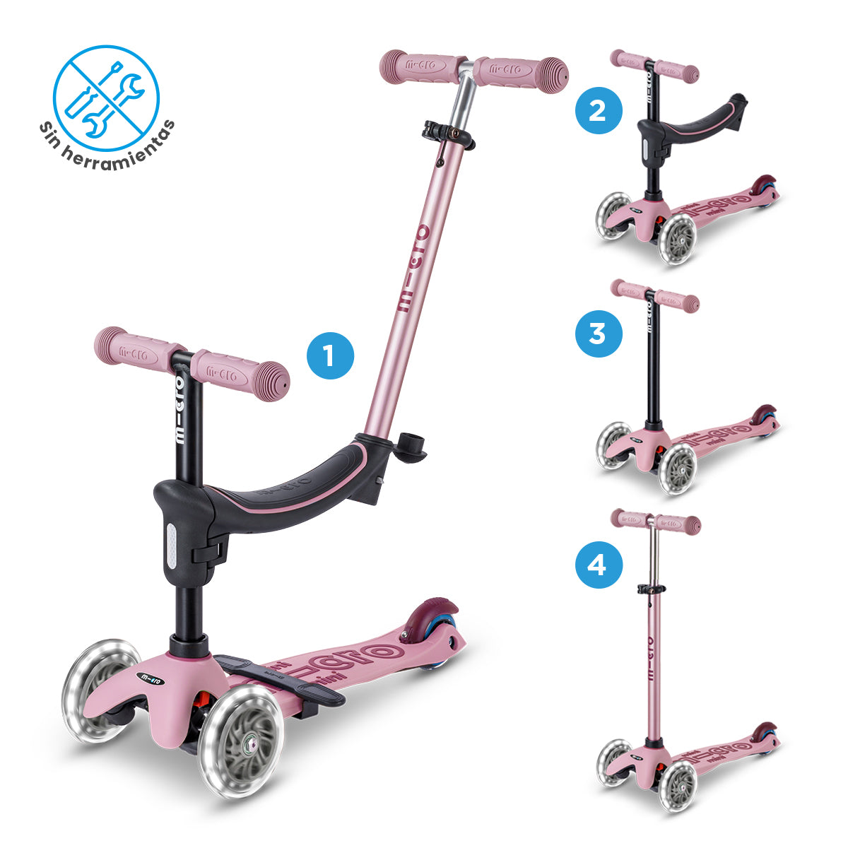Micro Scooter niños Mini 4 Etapas Led 3 ruedas Rosa
