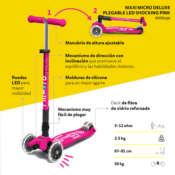 PREVENTA Micro Scooter Maxi Deluxe PLEGABLE LED Rosado Fuerte
