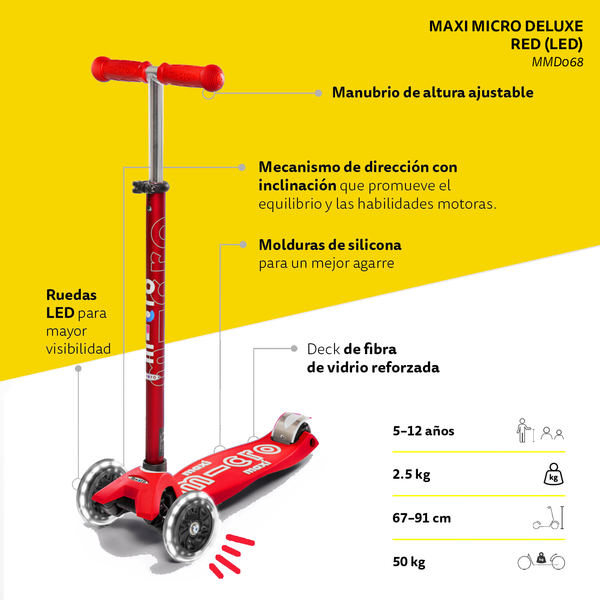 Micro Scooter Maxi Deluxe LED Rojo